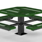 Green picnic table with perforated metal top and benches.