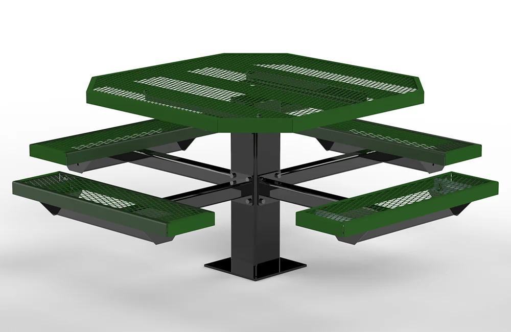 Green picnic table with perforated metal top and benches.