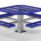 Outdoor picnic table with blue seats and a perforated top.