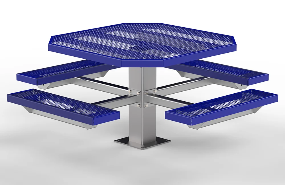 Outdoor picnic table with blue seats and a perforated top.