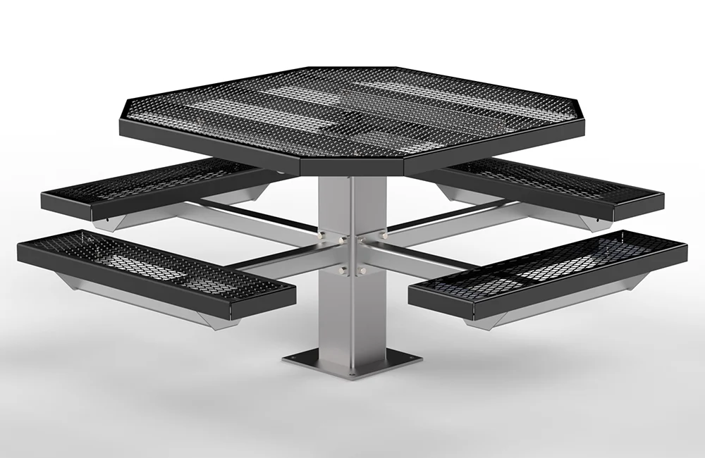 Outdoor picnic table with mesh top and benches.