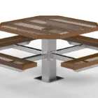 Octagonal picnic table with perforated metal top and bench seating.