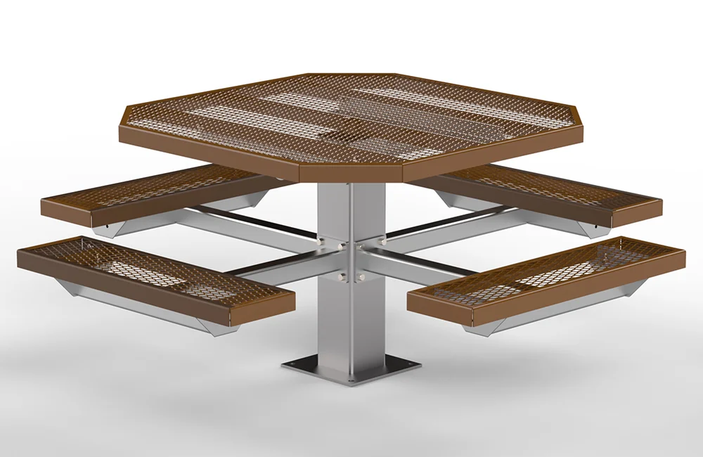 Octagonal picnic table with perforated metal top and bench seating.