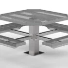 Steel picnic table with mesh top and benches.
