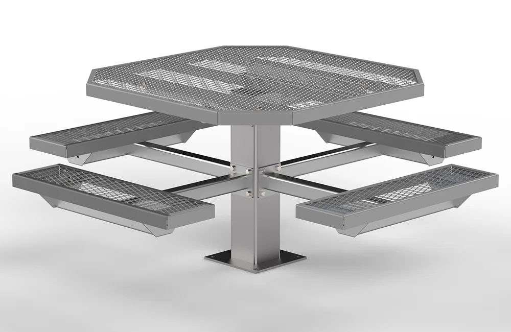 Steel picnic table with mesh top and benches.