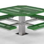 Outdoor picnic table with green perforated top and benches.