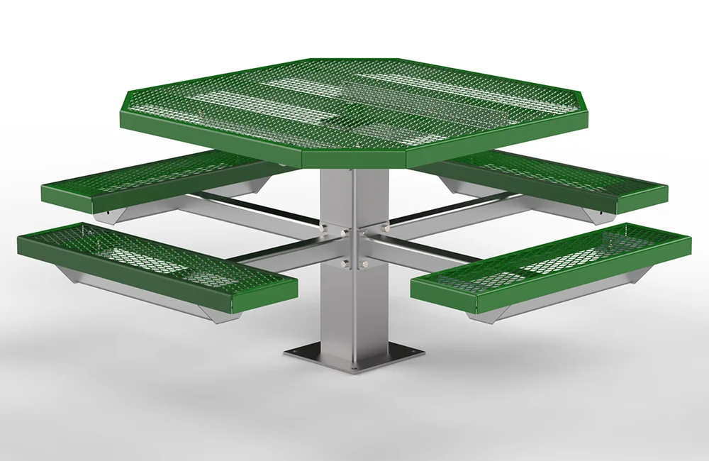 Outdoor picnic table with green perforated top and benches.