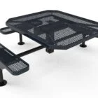 Outdoor metal picnic table with perforated design and black finish.