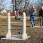Outdoor agility training equipment in a park.