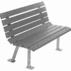 Gray metal bench with four legs and a backrest.