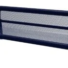 Navy blue metal bench with mesh back and armrests.
