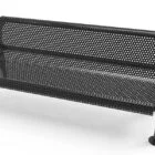 Black metal bench with perforated backrest and armrests.