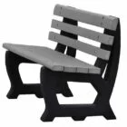 Bench with slatted backrest and curved armrests.
