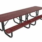 Red picnic table with perforated surface and black metal frame.