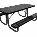 Black metal picnic table with perforated top and benches.