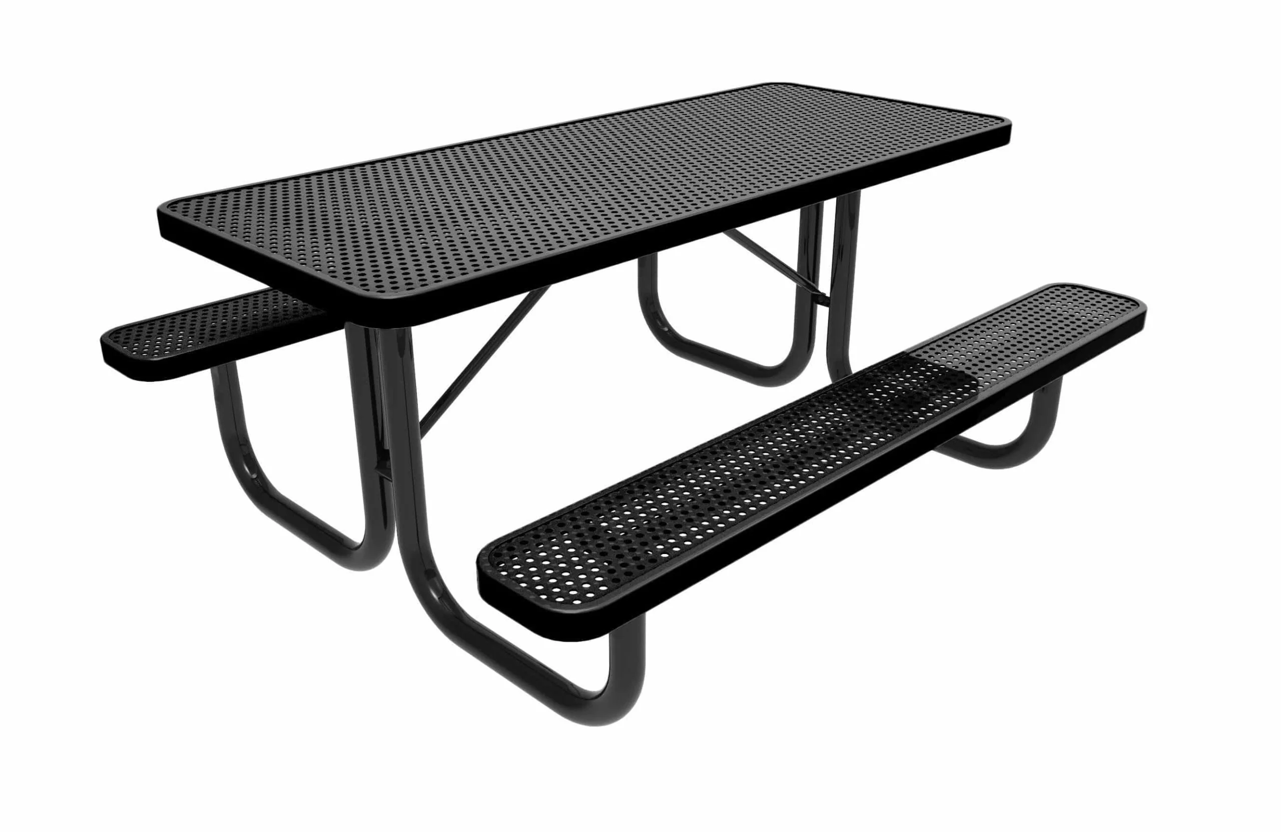 Black metal picnic table with perforated top and benches.