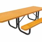 Orange picnic table with black metal legs and benches.