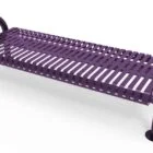 Purple metal bench with curved armrests and holes in seat.