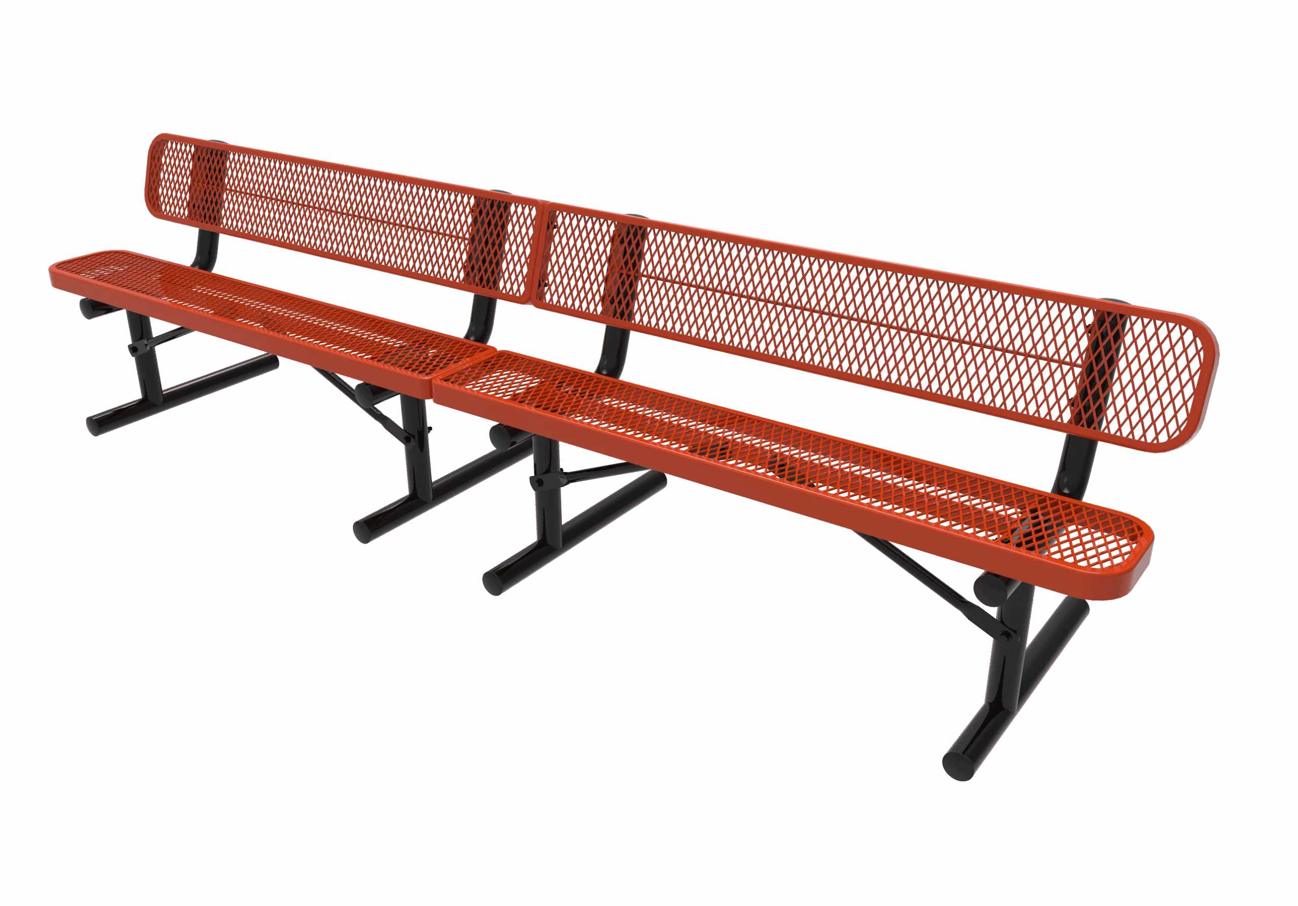 Red metal bench with mesh back and black legs.