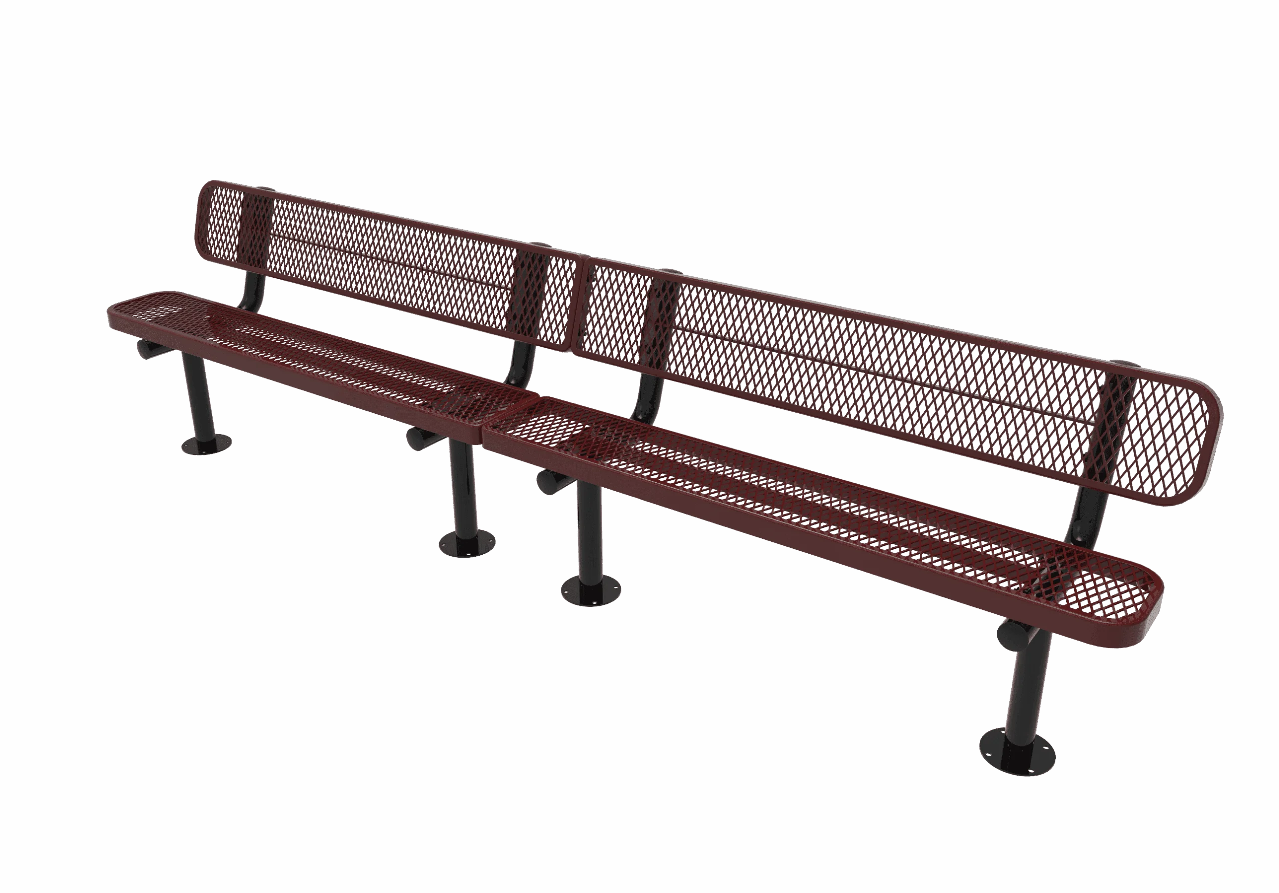 Outdoor bench with mesh backrest and metal legs.