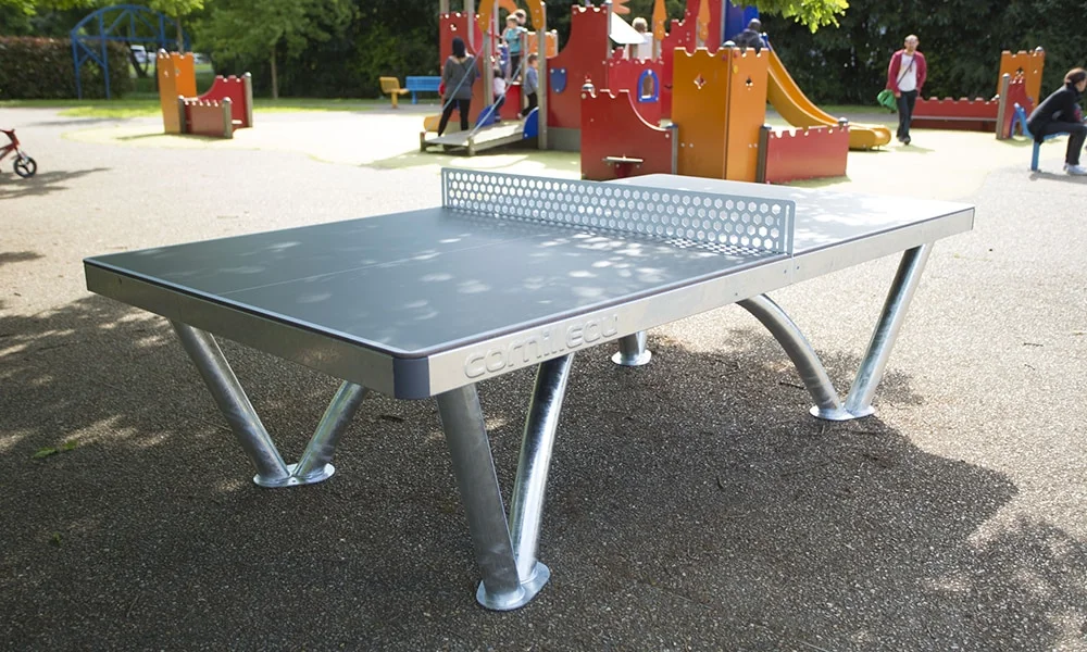 Outdoor ping pong table in a park setting.