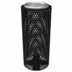 Black perforated metal trash can.