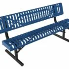 Blue plastic bench with black metal frame.