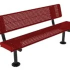 Red metal bench with perforated backrest and legs.