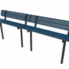 Blue metal bench with perforated backrest and black legs.