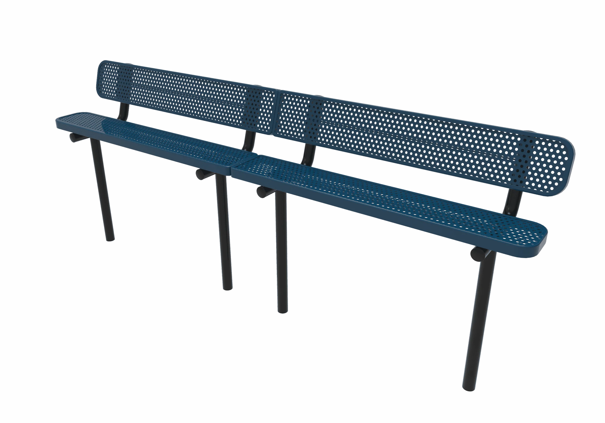 Blue metal bench with perforated backrest and black legs.