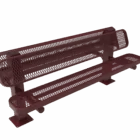 Red metal bench with mesh back and seat.