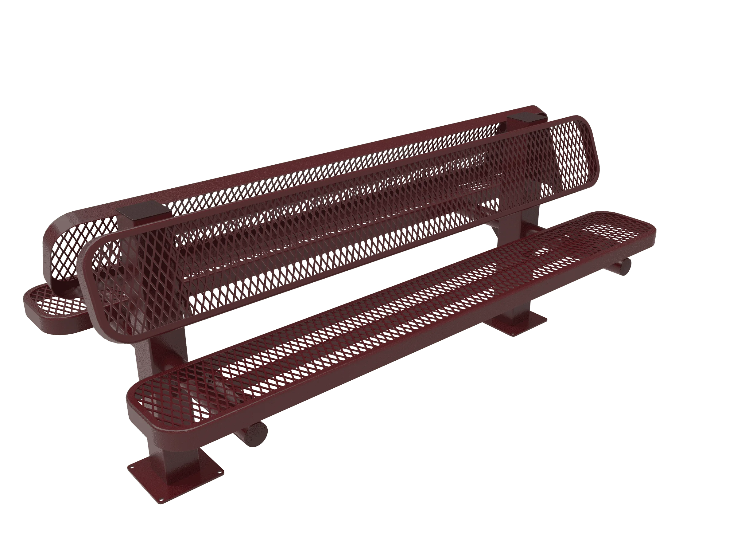 Red metal bench with mesh back and seat.