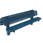 Blue metal bench with perforated backrest and seat.