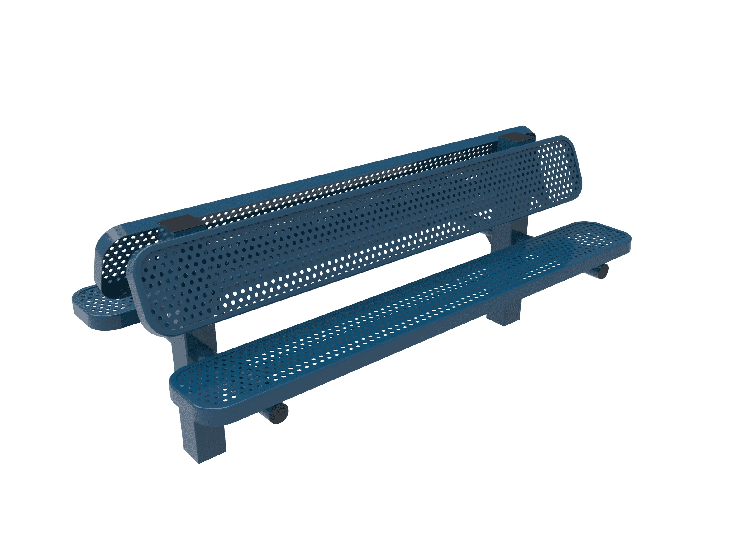 Blue metal bench with perforated backrest and seat.