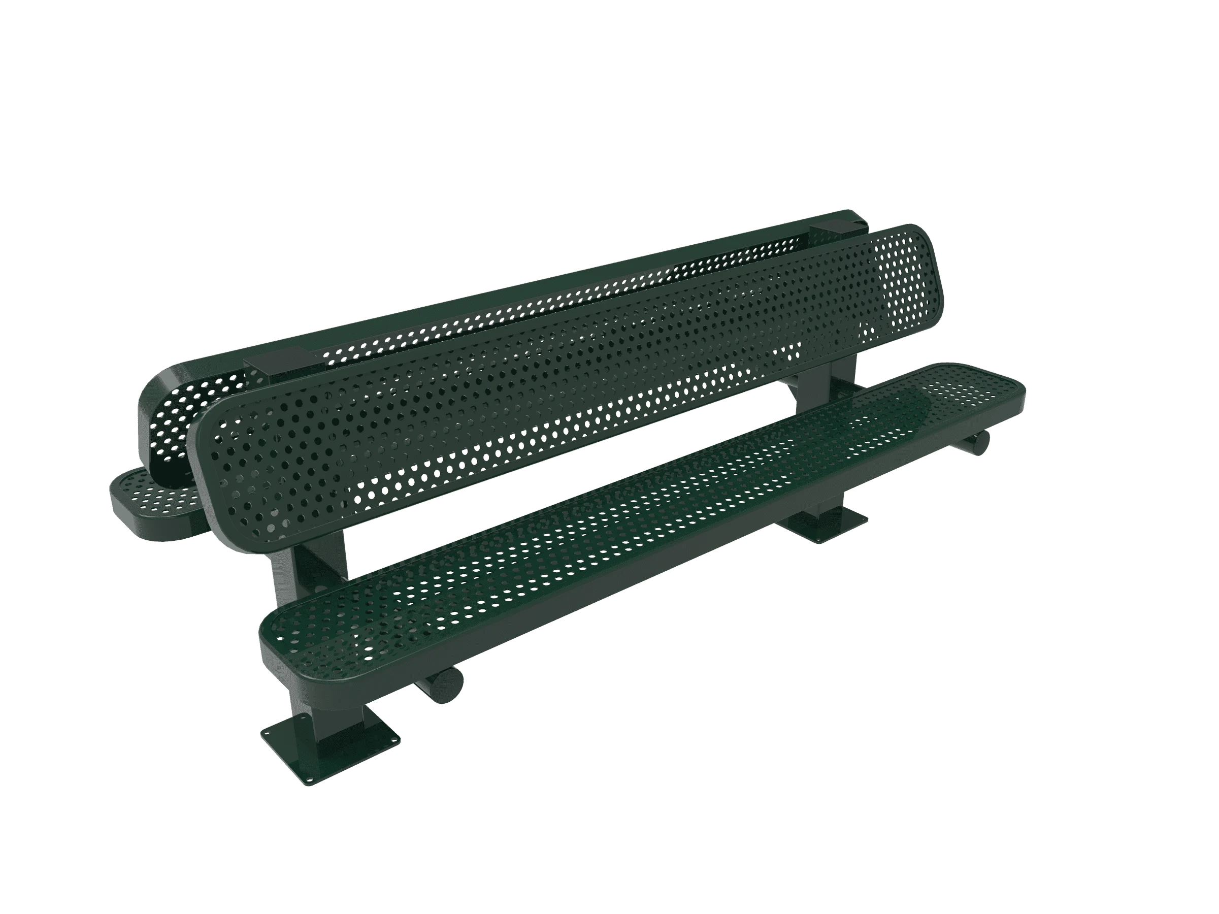 Metal bench with perforated backrest and seat.