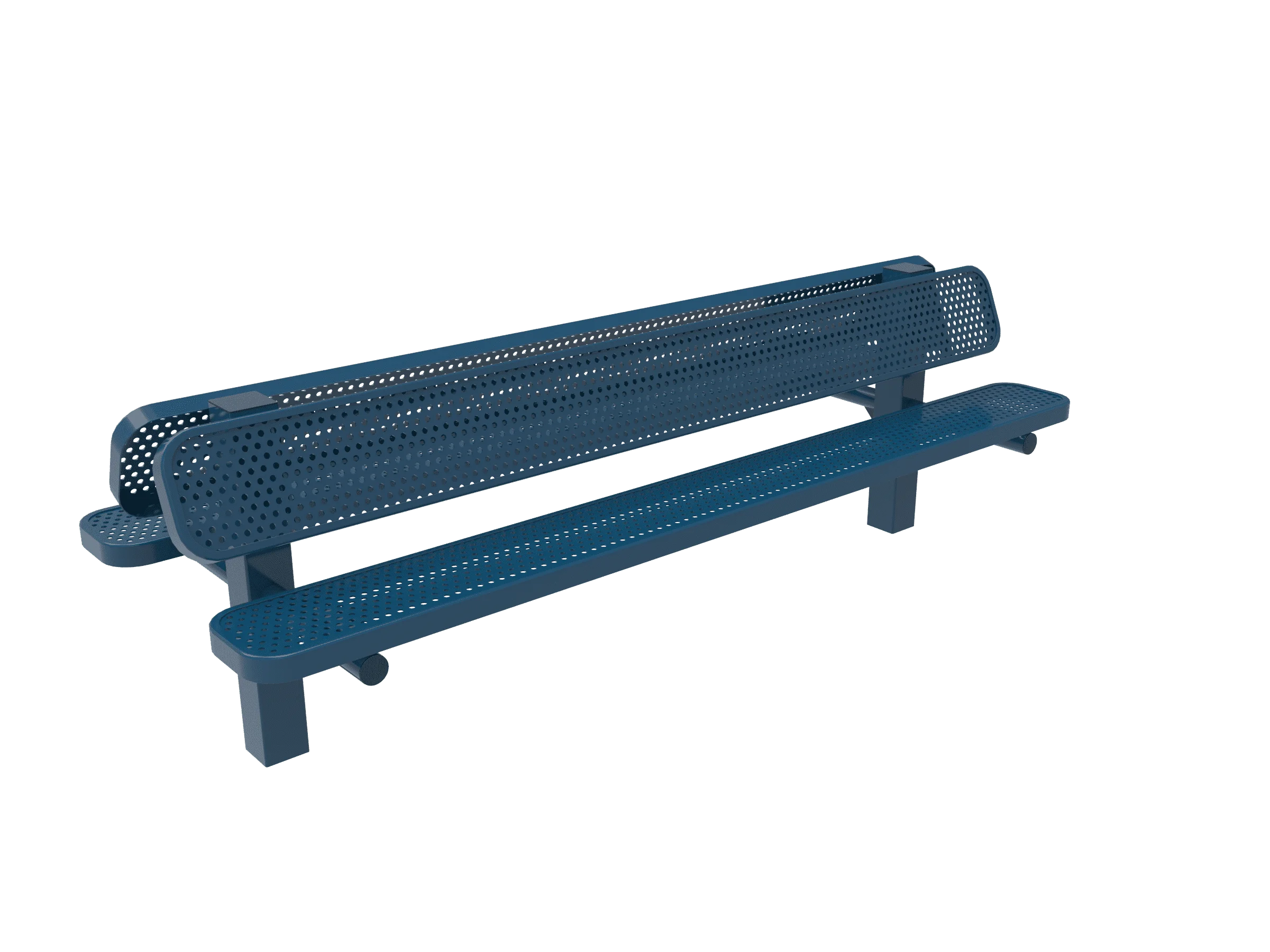 Blue bench with perforated backrest and seat.
