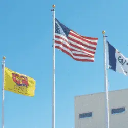 Flags flying in front of a building.