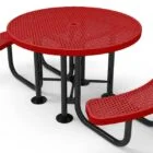 Red round picnic table with curved bench seating.