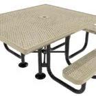 Beige perforated picnic table with black legs and benches.