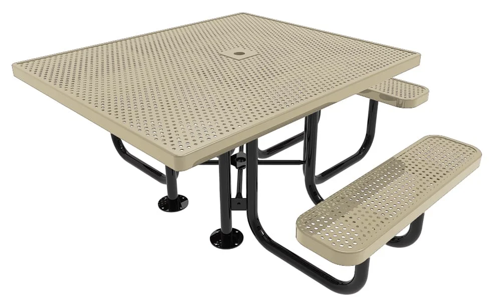 Beige perforated picnic table with black legs and benches.