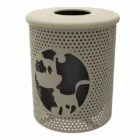 Beige perforated trash can with a black elephant design.
