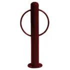 Red metal bollard with circular top.