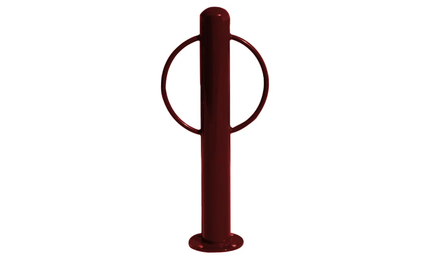Red metal bollard with circular top.