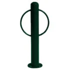 Green metal bollard with circular top.