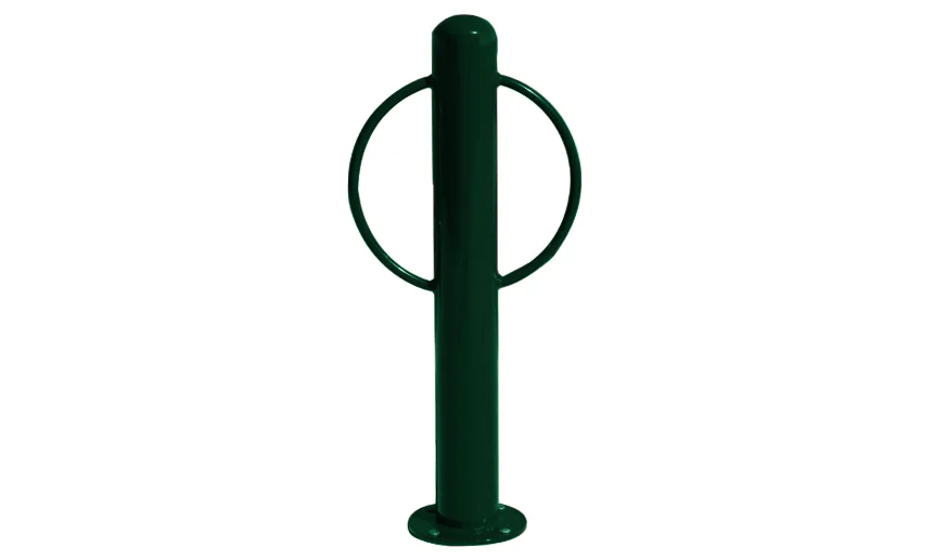 Green metal bollard with circular top.