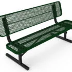 Green metal bench with mesh back and seat.