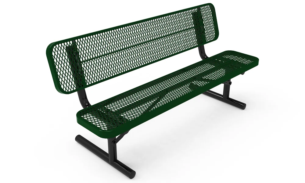 Green metal bench with mesh back and seat.