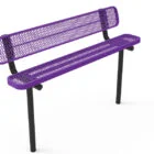 Purple metal bench with black legs and mesh backrest.