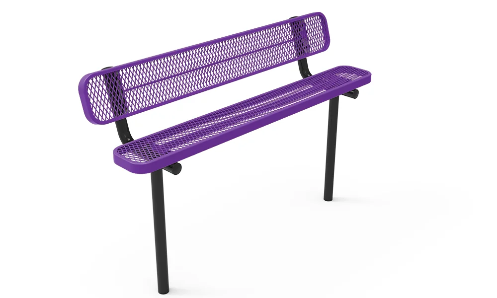 Purple metal bench with black legs and mesh backrest.
