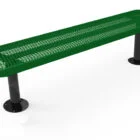 Green perforated metal bench on black legs.
